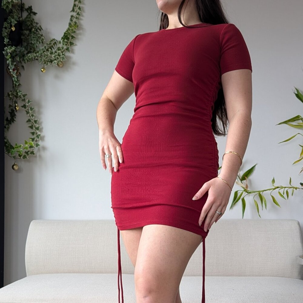 ZARA Oxblood/Burgundy Red Ruched Mini Bodycon Dress, Size M